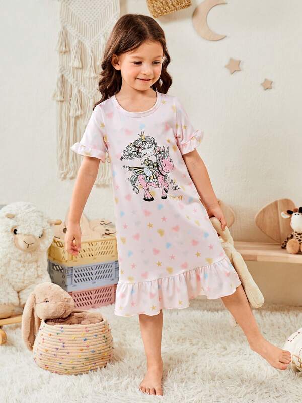 Toddler Girls Unicorn & Letter Graphic Ruffle Hem Nightdress