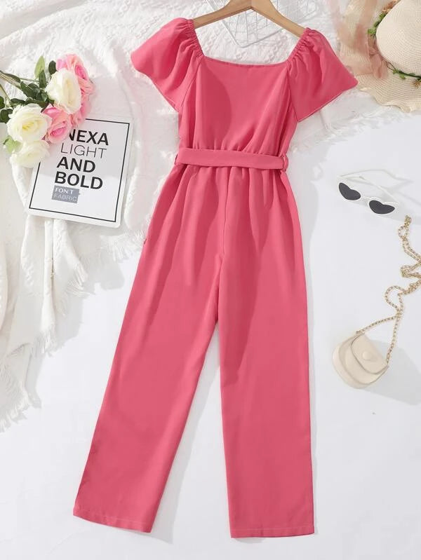 Girls Half Button Belted Jumpsuit