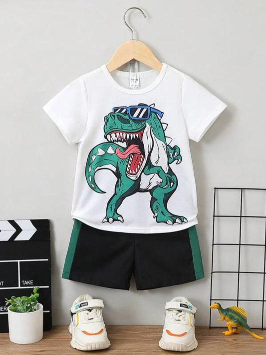 Toddler Boys Dinosaur Print Tee & Contrast Side Seam Shorts