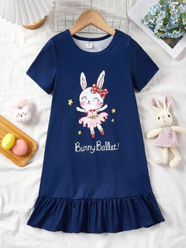 Toddler Girls Rabbit & Letter Graphic Ruffle Hem Nightdress