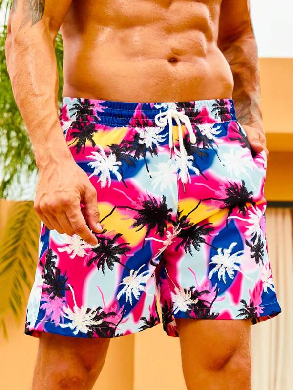 Men Coconut Tree Print Drawstring Waist Swim Trunks