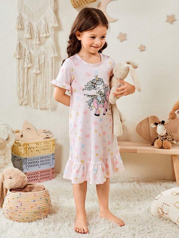 Toddler Girls Unicorn & Letter Graphic Ruffle Hem Nightdress