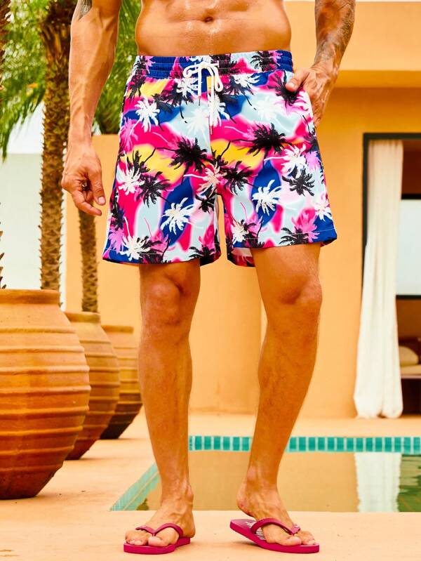 Men Coconut Tree Print Drawstring Waist Swim Trunks