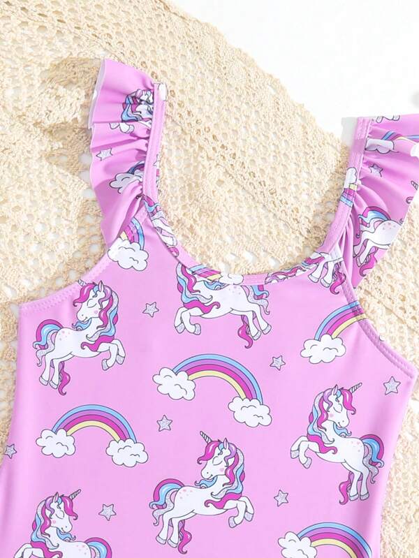 SHEIN Kids QTFun Toddler Girls Unicorn Print Ruffle Trim One Piece Swimsuit