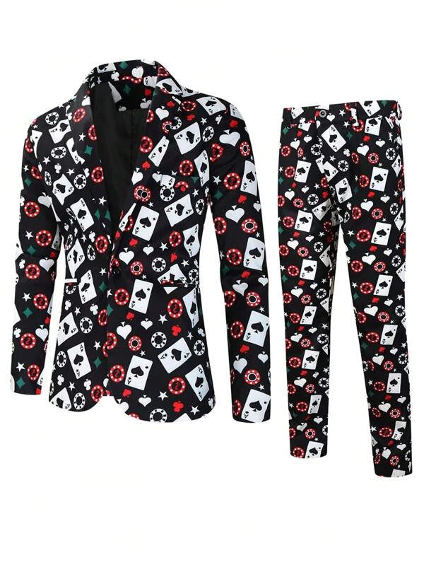 Men Playing Card Print Single Button Blazer & Pants Set