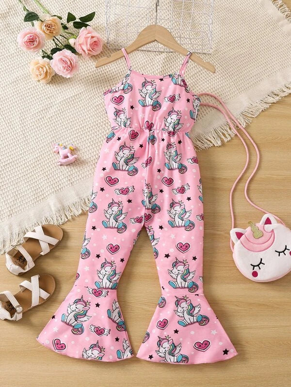 SHEIN Kids QTFun Toddler Girls Unicorn & Heart Print Flare Leg Cami Jumpsuit