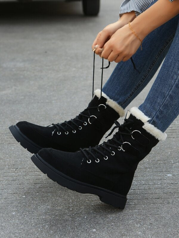 Women Thermal Lace-Up Front Thermal Lined Faux Suede Snow Boots