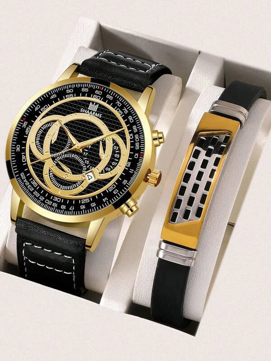 1pc Men Date Pointer Quartz Watch & 1pc Bracelet