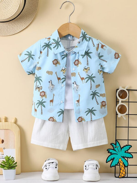 Baby Boy Coconut Tree & Animal Print Shirt & Shorts Without Tee