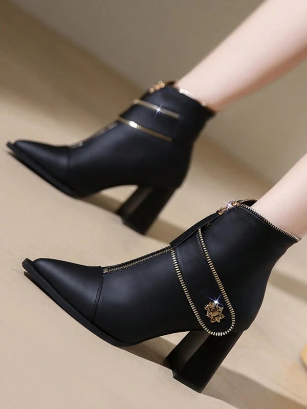 Women's Chunky Heel Pointed Toe Front Zipper Ankle Boots, Trendy Boots