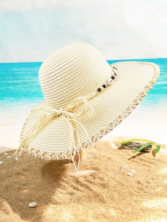 1pc Women Bow & Shell Decor Paper Boho Straw Hat For Beach