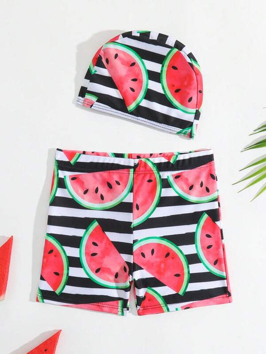 Toddler Boys Striped & Watermelon Print Swim Shorts With Swim Cap