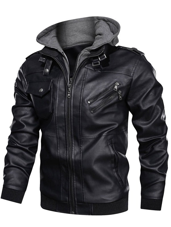 Manfinity LEGND Men 1pc Zip Up Hooded PU Leather Jacket