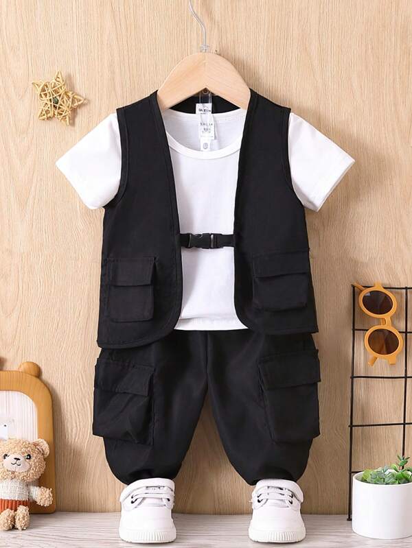 Baby Flap Pocket Buckle Detail Vest Jacket & Cargo Pants Without Tee