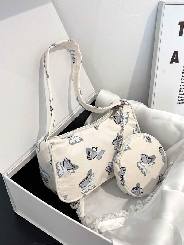 Butterfly Pattern Hobo Bag Beige Fashionable Top Handle With Coin Purse