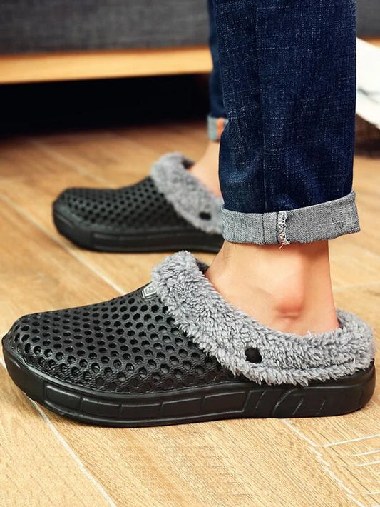 Men Minimalist Hollow Out Slippers Winter Warm Fleece Clogs Inspired Shoes, Non-Slip For Indoors Home Cozy Style House Shoes