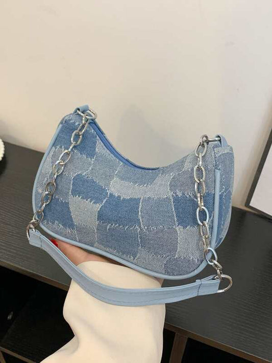 Geometric Pattern Chain Decor Denim Baguette Bag