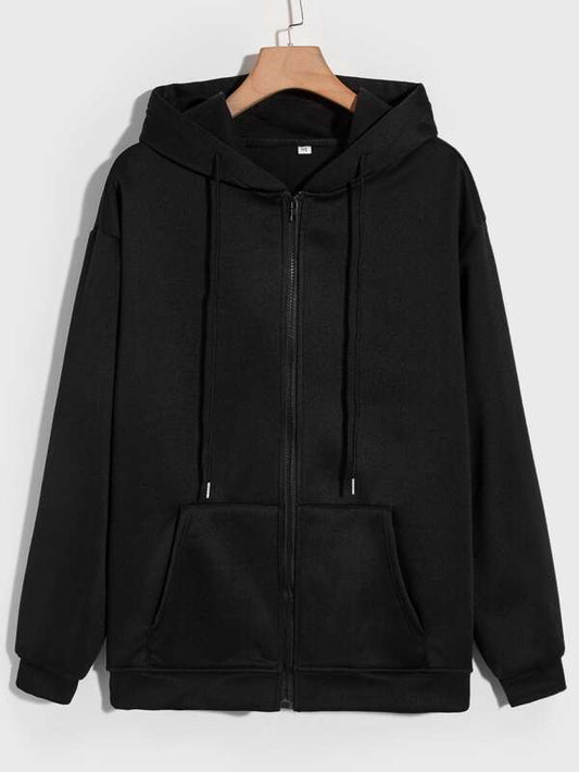 Men Kangaroo Pocket Drop Shoulder Zip Up Drawstring Hoodie