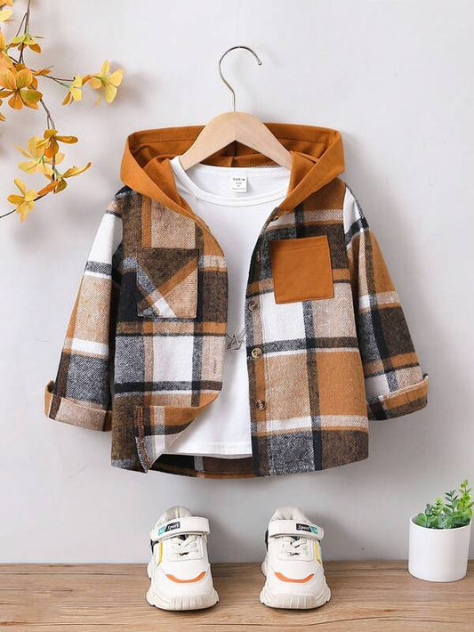 SHEIN Young Boy Plaid Print Hooded Coat Without Tee