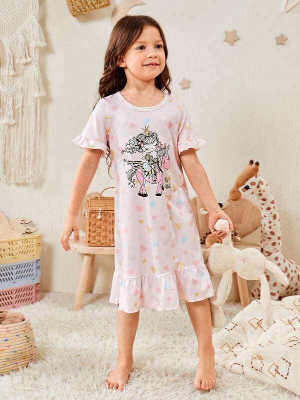 Toddler Girls Unicorn & Letter Graphic Ruffle Hem Nightdress