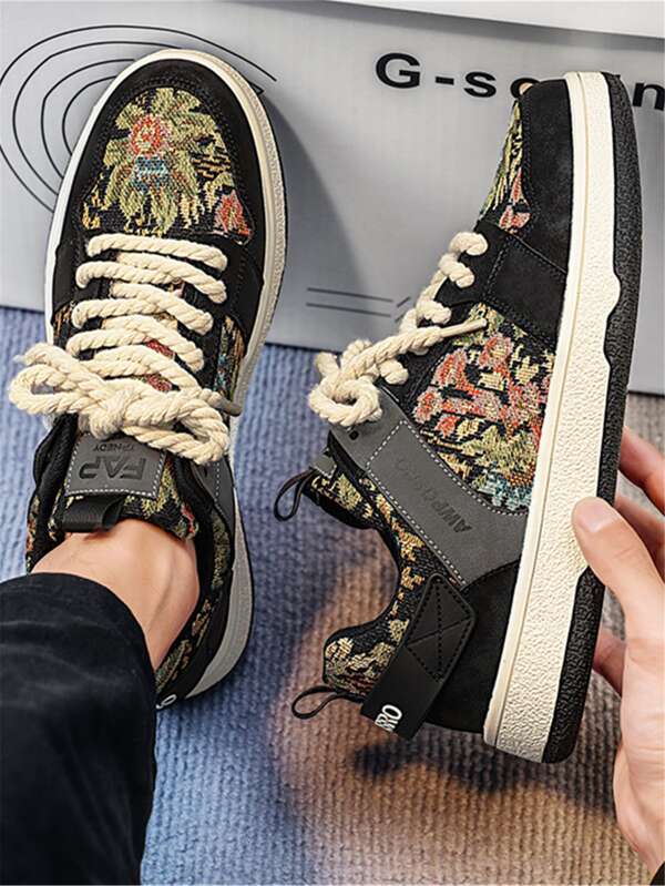 Sporty Sneakers For Men, Floral Pattern Lace-up Front Skate Shoes