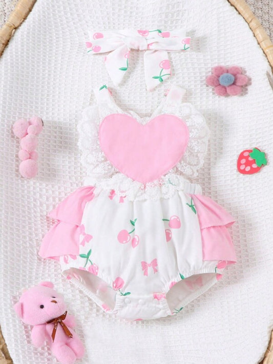 SHEIN Infant Girls' Summer Cherry, Heart, Lace And Flower Edge Bodysuit, Pink, Suitable For Party, Birthday Or Vacation