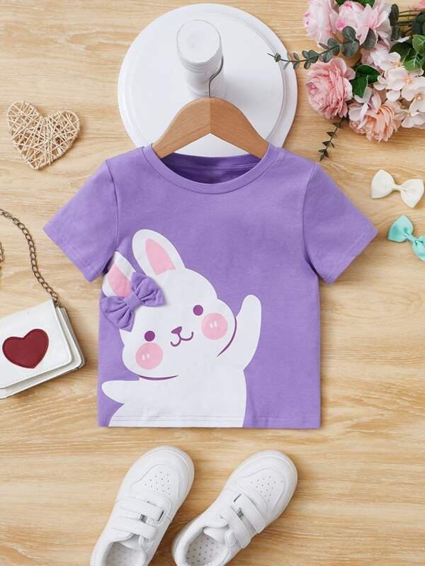 SHEIN Toddler Girls Rabbit Print Bow Front Tee