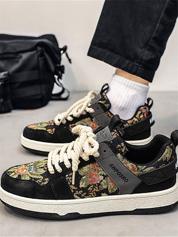 Sporty Sneakers For Men, Floral Pattern Lace-up Front Skate Shoes