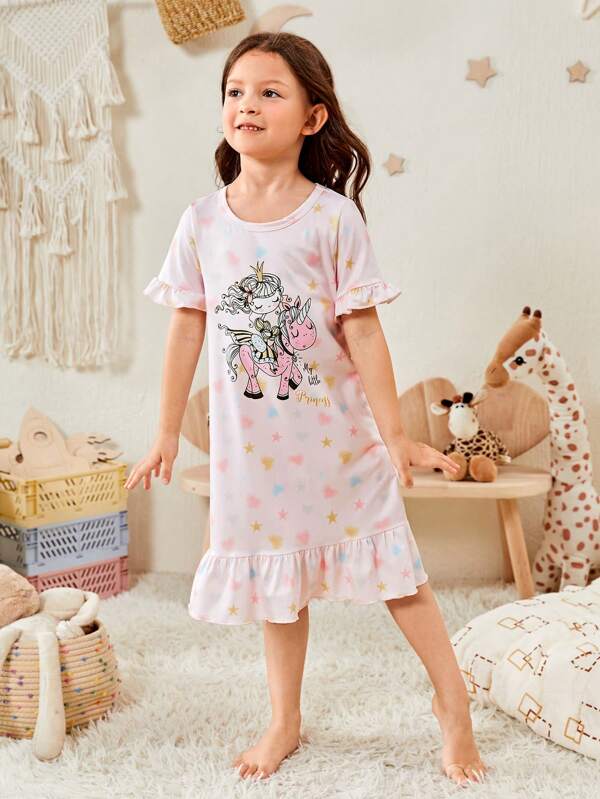 Toddler Girls Unicorn & Letter Graphic Ruffle Hem Nightdress