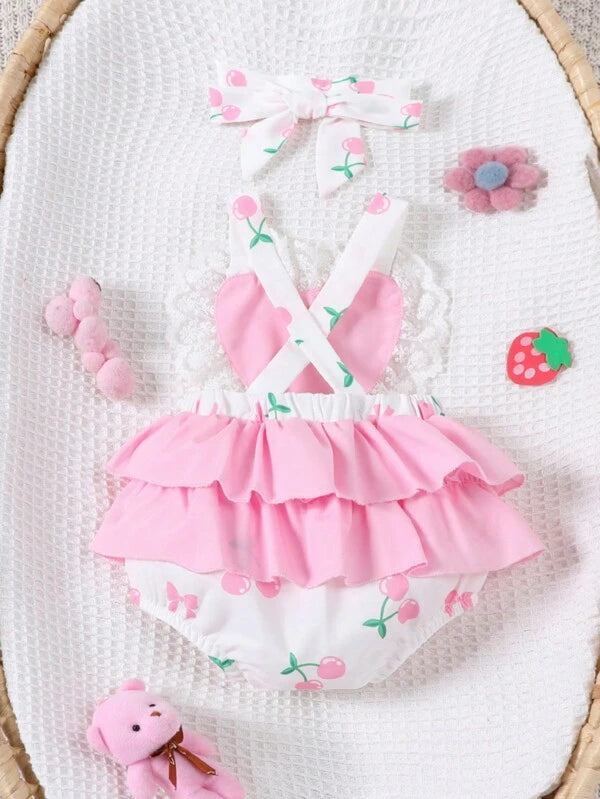 SHEIN Infant Girls' Summer Cherry, Heart, Lace And Flower Edge Bodysuit, Pink, Suitable For Party, Birthday Or Vacation