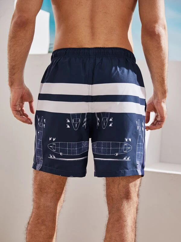 Men Graphic Print Drawstring Waist Swim Trunks