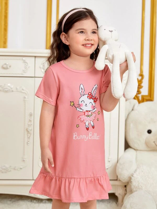 Toddler Girls Rabbit & Letter Graphic Ruffle Hem Nightdress