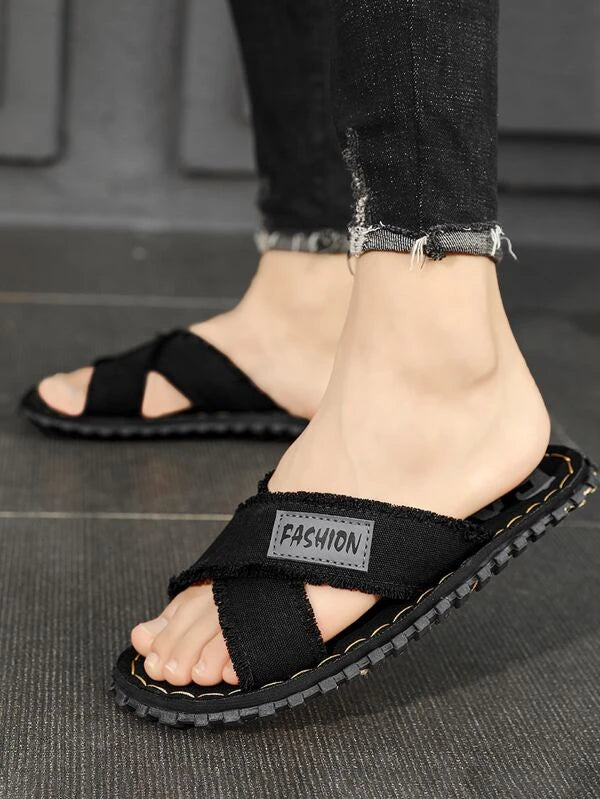 Men Breathable Letter Patch Decor Raw Trim Criss Cross Slides, Casual Black Fabric Slippers