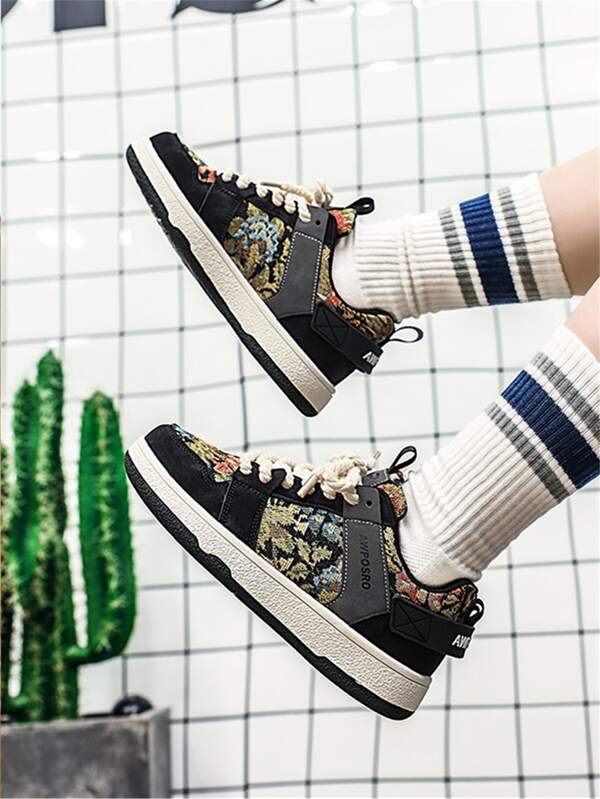 Sporty Sneakers For Men, Floral Pattern Lace-up Front Skate Shoes