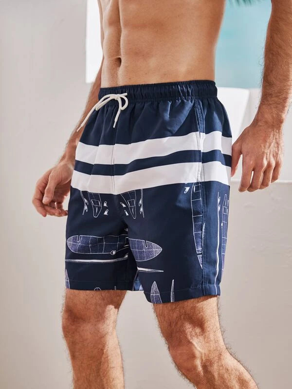 Men Graphic Print Drawstring Waist Swim Trunks