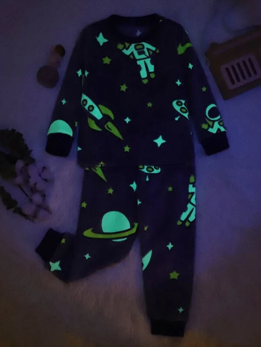 Boys Reflective Planet Print Flannel Top & Pants PJ Set