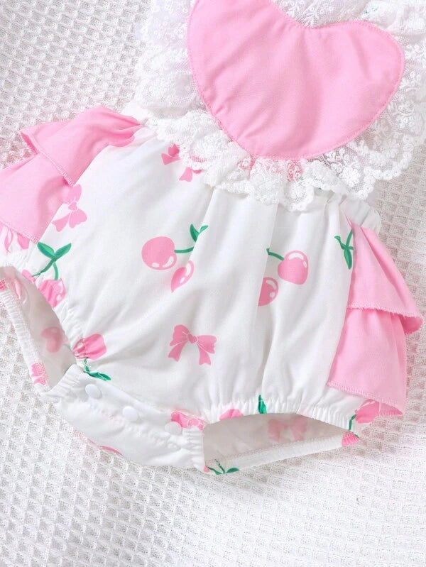 SHEIN Infant Girls' Summer Cherry, Heart, Lace And Flower Edge Bodysuit, Pink, Suitable For Party, Birthday Or Vacation