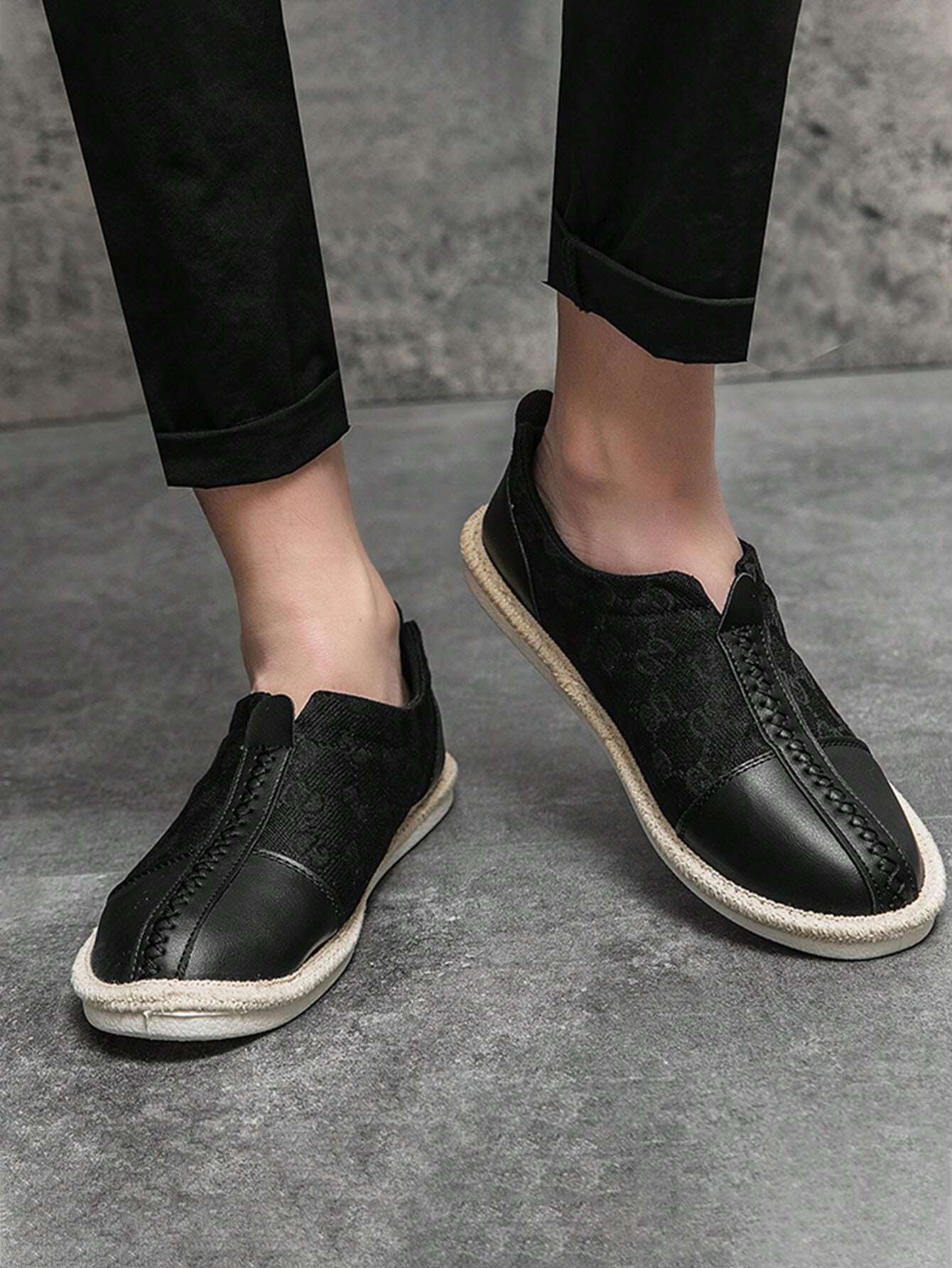 Men Stitch Detail Letter Pattern Loafers, Vacation Black Canvas Espadrille Loafers