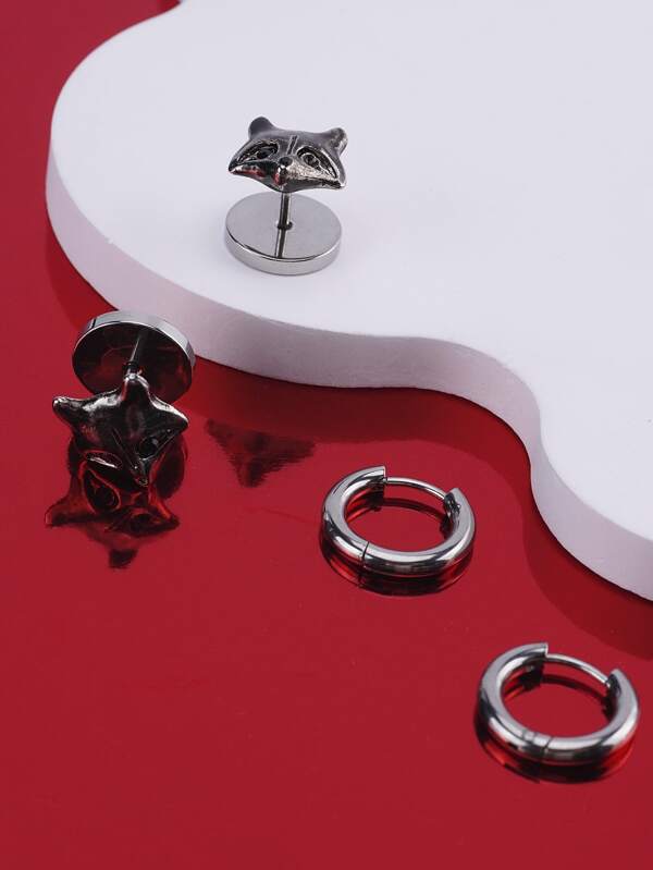 4PCS Fashion Casual Funky Stainless Steel Fox Stud Earrings Hoop Earrings for Men Women Ear Jewelry Set For Daily Decoration Gift