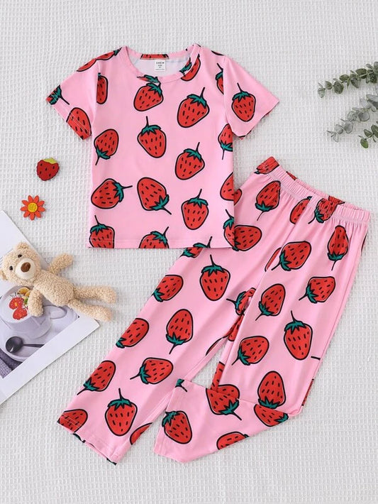 Toddler Girls Strawberry Print Tee & Pants PJ Set