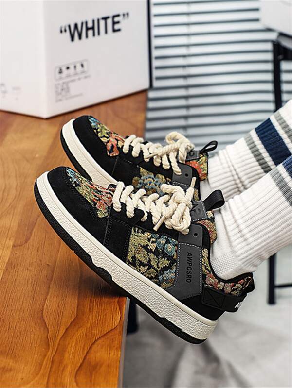 Sporty Sneakers For Men, Floral Pattern Lace-up Front Skate Shoes