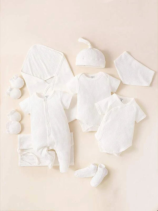 Baby 2pcs Rib-knit Solid Bodysuit & 1pc Footed Jumpsuit & Accessory Hat & Bib & Gloves & Socks & Bag Set