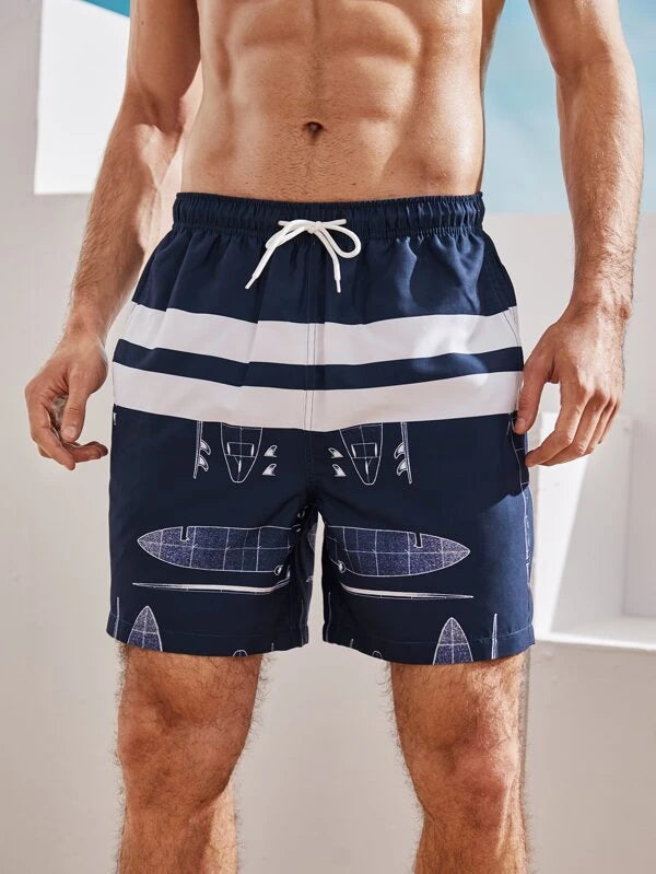 Men Graphic Print Drawstring Waist Swim Trunks