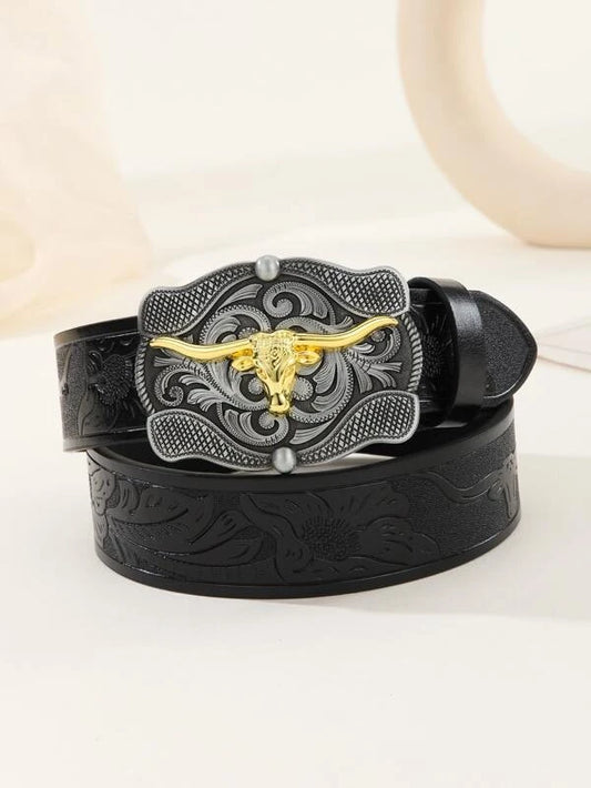 1pc Men Flower Pattern Bull Head Decor Fashionable Geometric Buckle Belt For Daily Life