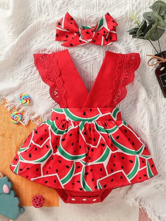 Baby Watermelon Print Guipure Lace Trim Combo Bodysuit Dress With Headband