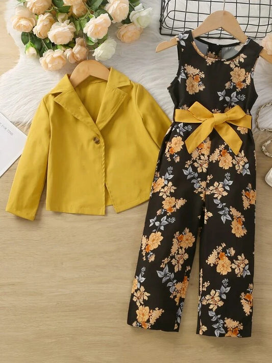 Toddler Girls Lapel Neck Single Button Blazer & Floral Print Belted Tank Jumpsuit