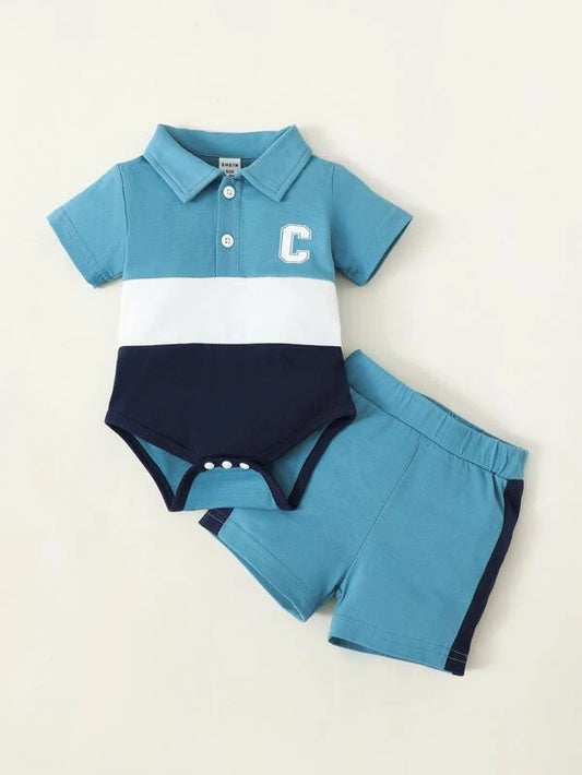 Newborn Baby Letter Graphic Colorblock Polo Neck Bodysuit & Shorts