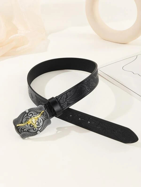 1pc Men Flower Pattern Bull Head Decor Fashionable Geometric Buckle Belt For Daily Life