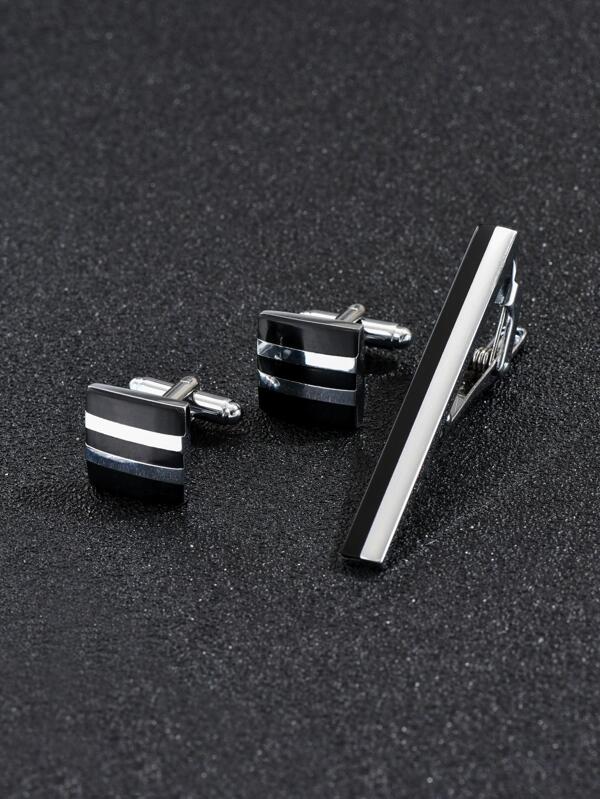 3pcs/set Men's Silver Cufflinks & Tie Clip Set