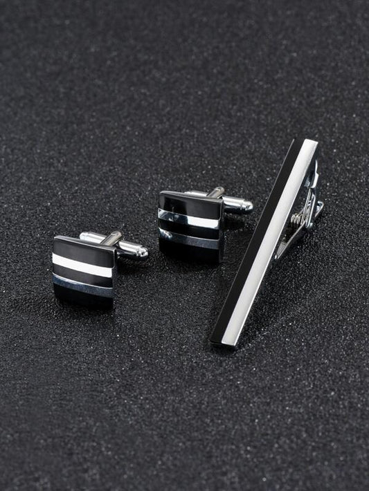 3pcs/set Men's Silver Cufflinks & Tie Clip Set